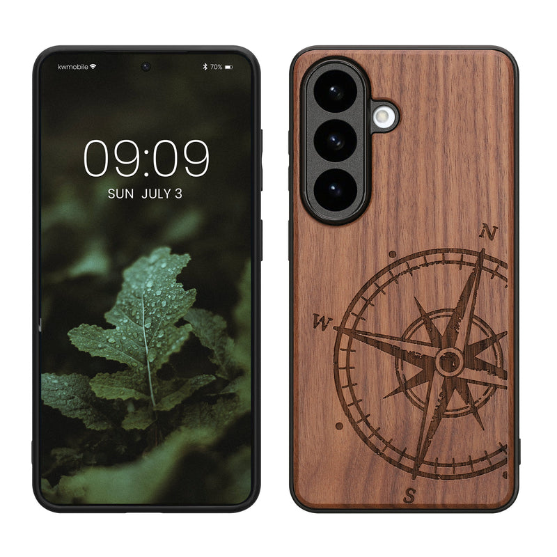 kwmobile Handyhülle für Samsung Galaxy S26 Hülle Holz - Case mit TPU Bumper - Stoßfestes Hardcase - Schutzhülle Cover in Dunkelbraun Dunkelbraun  [dsg01]