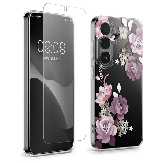 kwmobile Hülle kompatibel mit Samsung Galaxy S26 Handyhülle - Silikon Case transparent - Mit Glas Schutzfolie - Blumenblüten und Rosen Pastelllila Transparent Pastelllila  [dsg01]