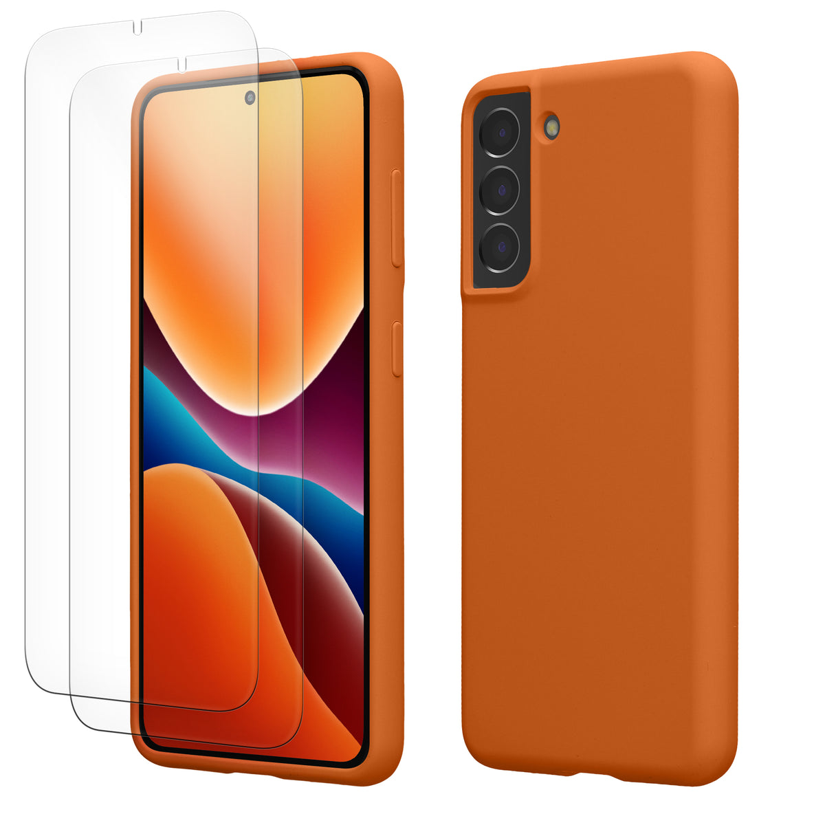 kwmobile Handyhülle mit 2x Displayschutzfolien kompatibel mit Samsung Galaxy S21 Hülle - Screen Protector aus gehärtetem Glas - kabelloses Laden - Fruity Orange Fruity Orange