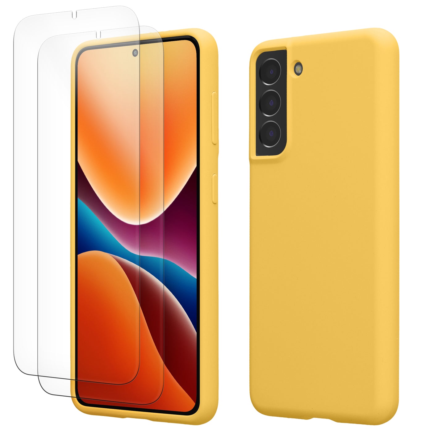 kwmobile Handyhülle mit 2x Displayschutzfolien kompatibel mit Samsung Galaxy S21 Hülle - Screen Protector aus gehärtetem Glas - kabelloses Laden - Strahlend Gelb Strahlend Gelb