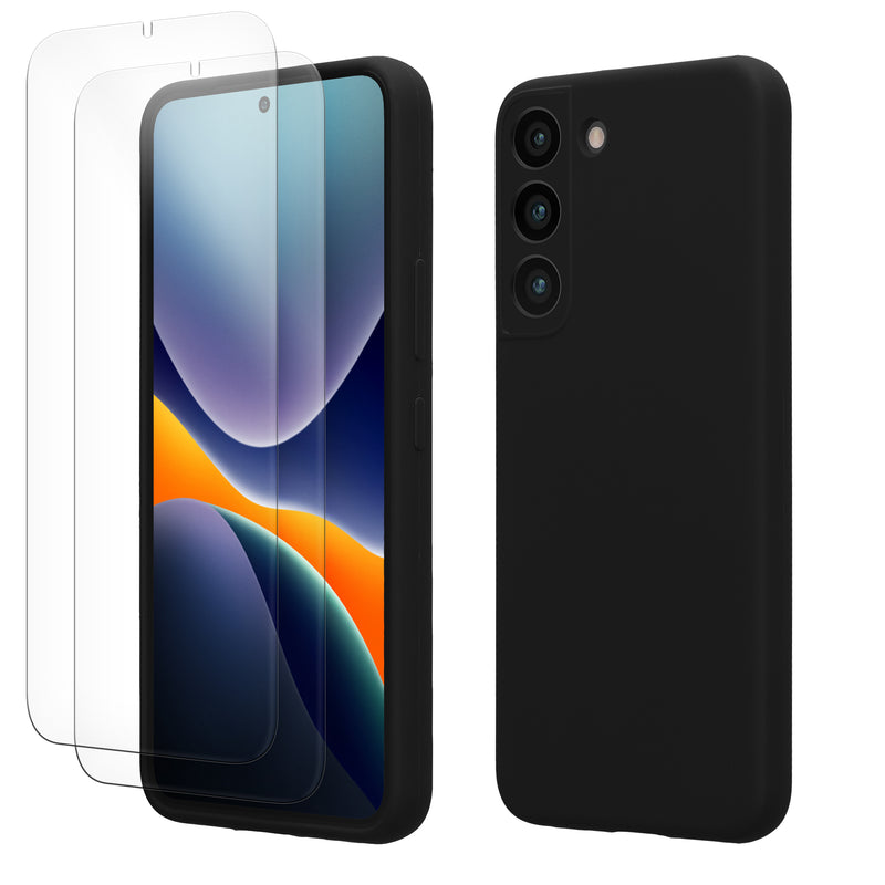 kwmobile Handyhülle mit 2x Displayschutzfolien kompatibel mit Samsung Galaxy S22 Hülle - Screen Protector aus gehärtetem Glas - kabelloses Laden - Schwarz Schwarz