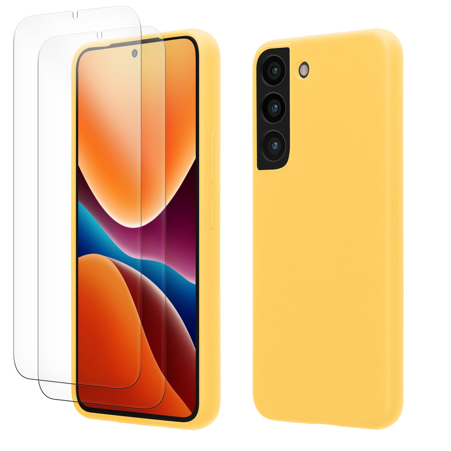 kwmobile Handyhülle mit 2x Displayschutzfolien kompatibel mit Samsung Galaxy S22 Hülle - Screen Protector aus gehärtetem Glas - kabelloses Laden - Strahlend Gelb Strahlend Gelb