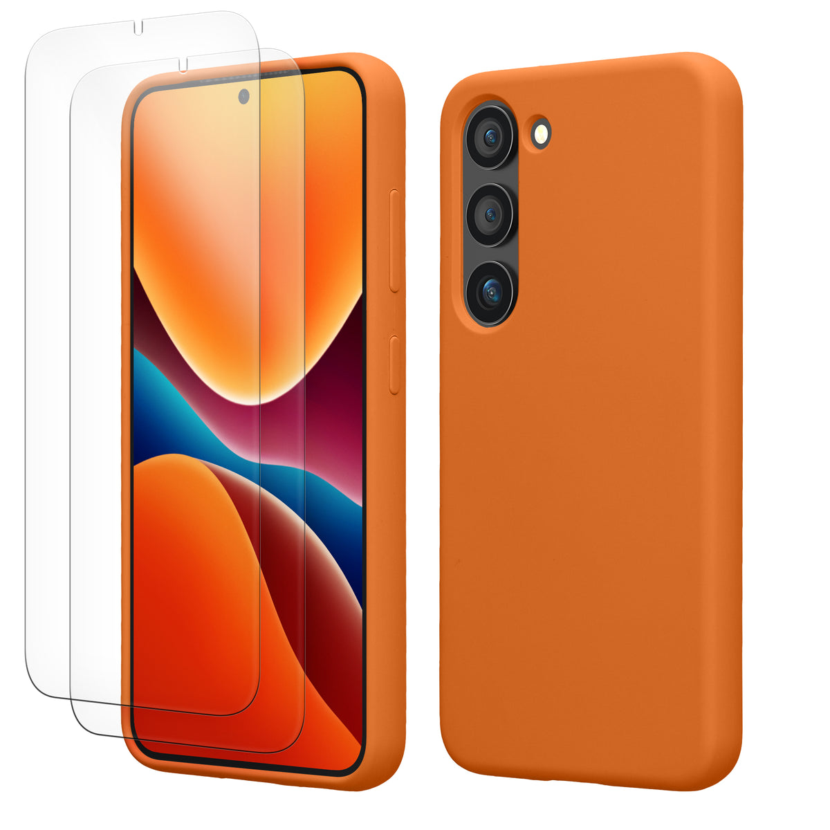 kwmobile Handyhülle mit 2x Displayschutzfolien kompatibel mit Samsung Galaxy S23 Hülle - Screen Protector aus gehärtetem Glas - kabelloses Laden - Fruity Orange Fruity Orange