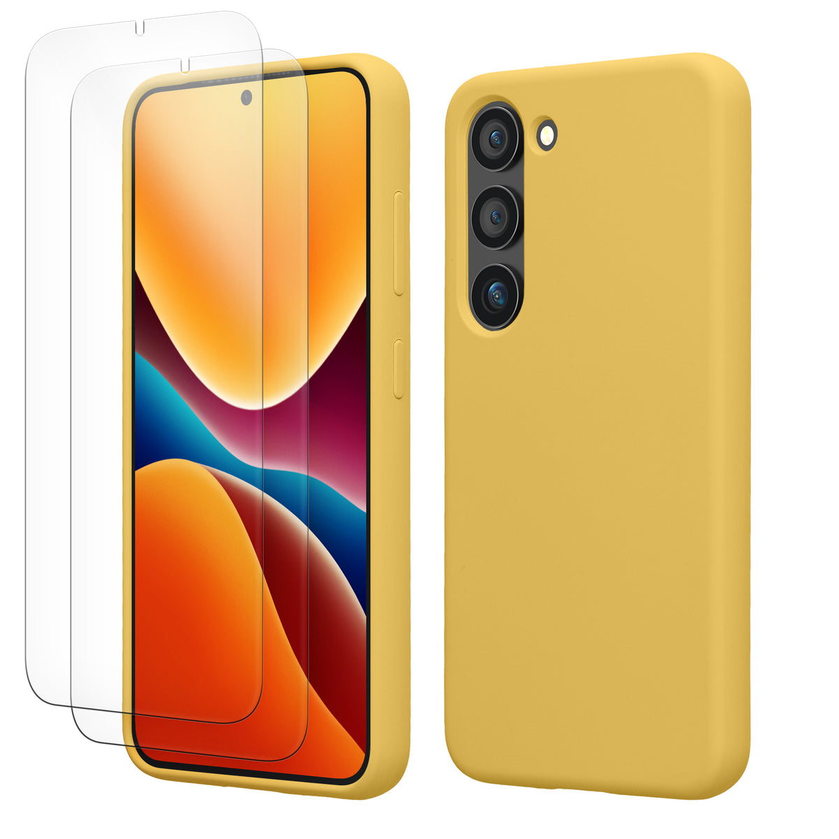 kwmobile Handyhülle mit 2x Displayschutzfolien kompatibel mit Samsung Galaxy S23 Hülle - Screen Protector aus gehärtetem Glas - kabelloses Laden - Strahlend Gelb Strahlend Gelb