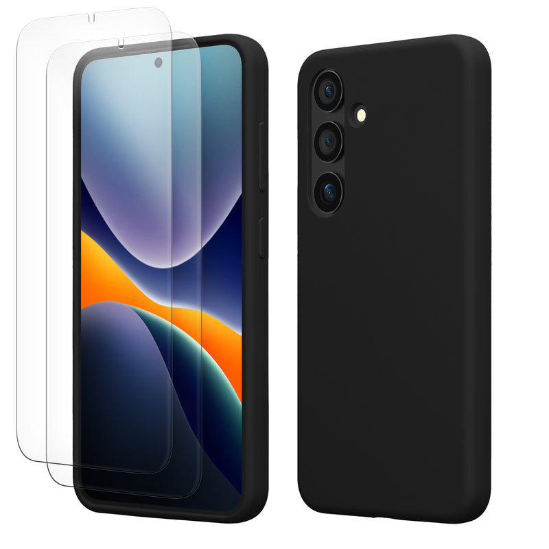 kwmobile Handyhülle mit 2x Displayschutzfolien kompatibel mit Samsung Galaxy S24 Hülle - Screen Protector aus gehärtetem Glas - kabelloses Laden - Schwarz Schwarz