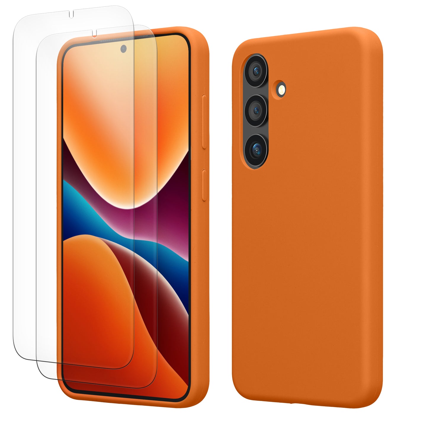 kwmobile Handyhülle mit 2x Displayschutzfolien kompatibel mit Samsung Galaxy S24 Hülle - Screen Protector aus gehärtetem Glas - kabelloses Laden - Fruity Orange Fruity Orange