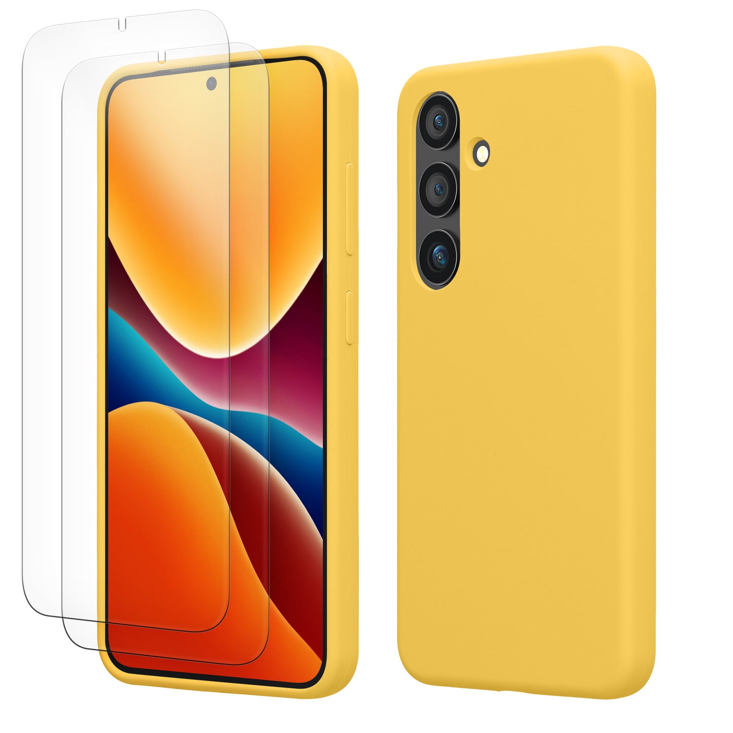 kwmobile Handyhülle mit 2x Displayschutzfolien kompatibel mit Samsung Galaxy S24 Hülle - Screen Protector aus gehärtetem Glas - kabelloses Laden - Strahlend Gelb Strahlend Gelb