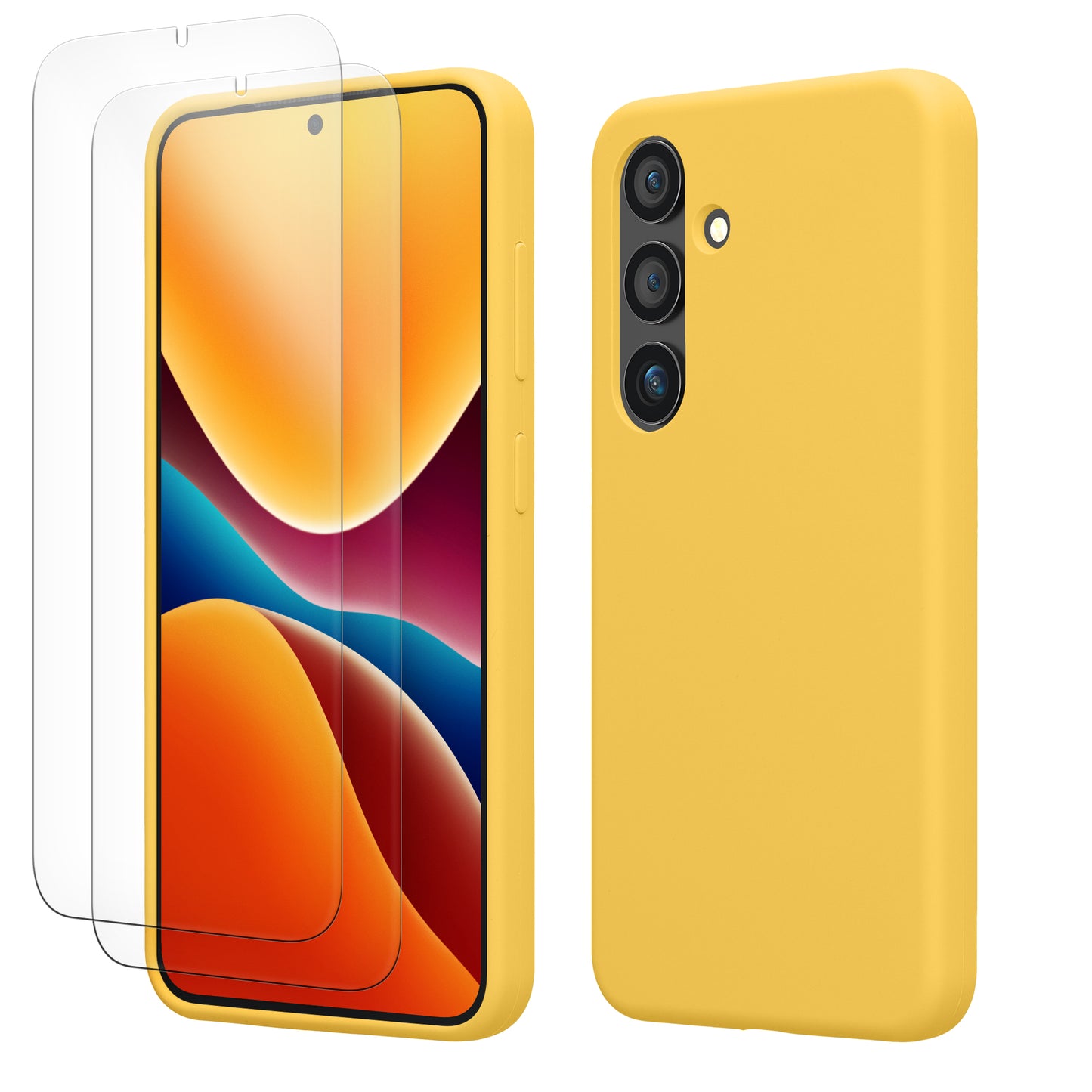 kwmobile Handyhülle mit 2x Displayschutzfolien kompatibel mit Samsung Galaxy S24 Hülle - Screen Protector aus gehärtetem Glas - kabelloses Laden - Strahlend Gelb Strahlend Gelb