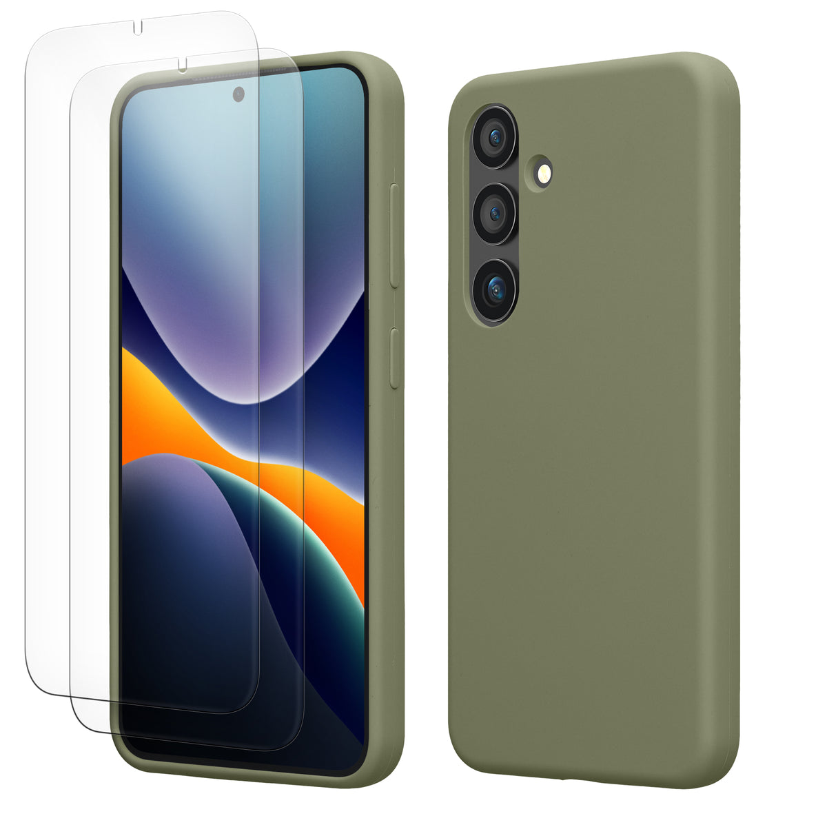 kwmobile Handyhülle mit 2x Displayschutzfolien kompatibel mit Samsung Galaxy S24 Hülle - Screen Protector aus gehärtetem Glas - kabelloses Laden - Graugrün Graugrün