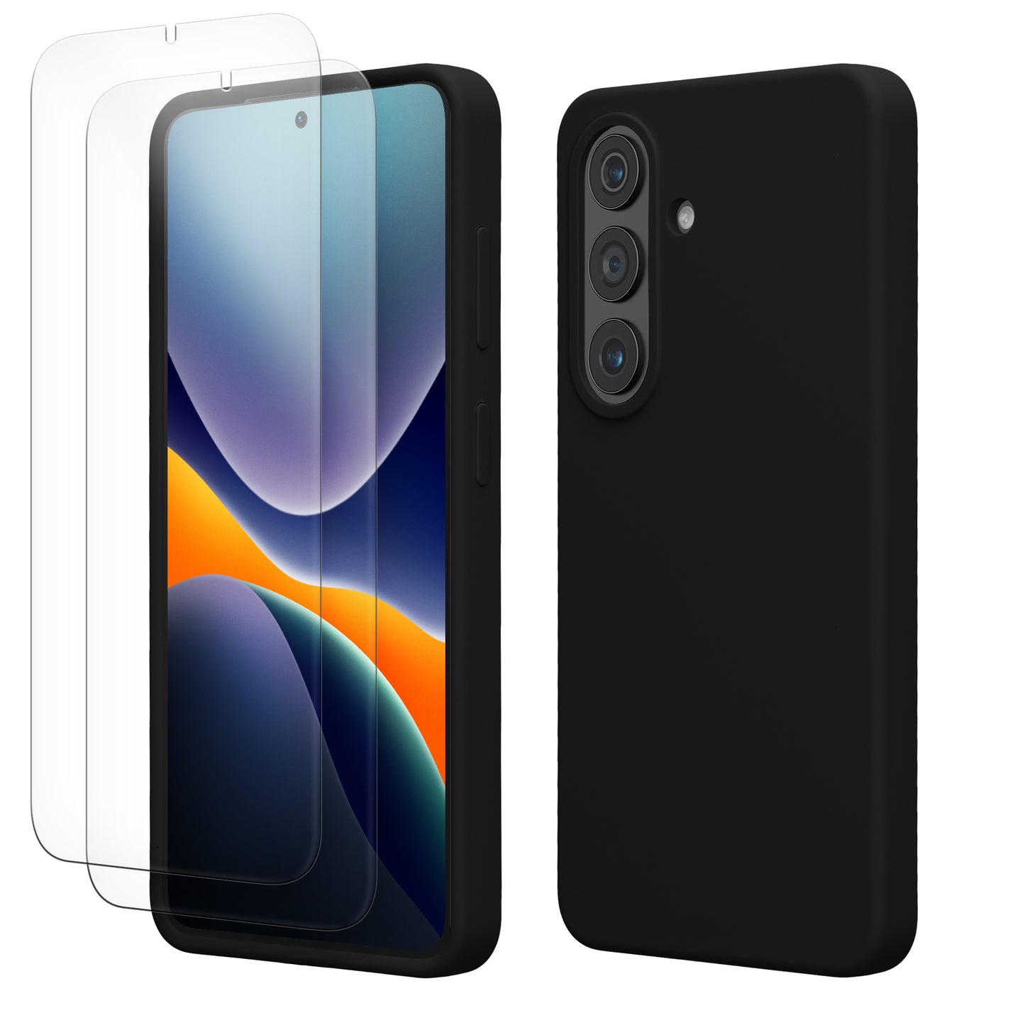 kwmobile Handyhülle mit 2x Displayschutzfolien kompatibel mit Samsung Galaxy S26 Hülle - Screen Protector aus gehärtetem Glas - kabelloses Laden - Schwarz Schwarz