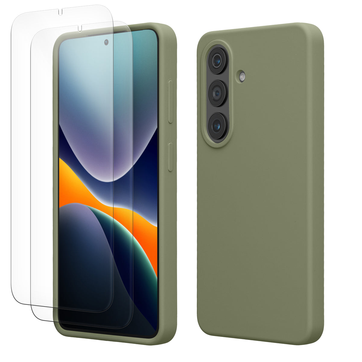 kwmobile Handyhülle mit 2x Displayschutzfolien kompatibel mit Samsung Galaxy S26 Hülle - Screen Protector aus gehärtetem Glas - kabelloses Laden - Graugrün Graugrün
