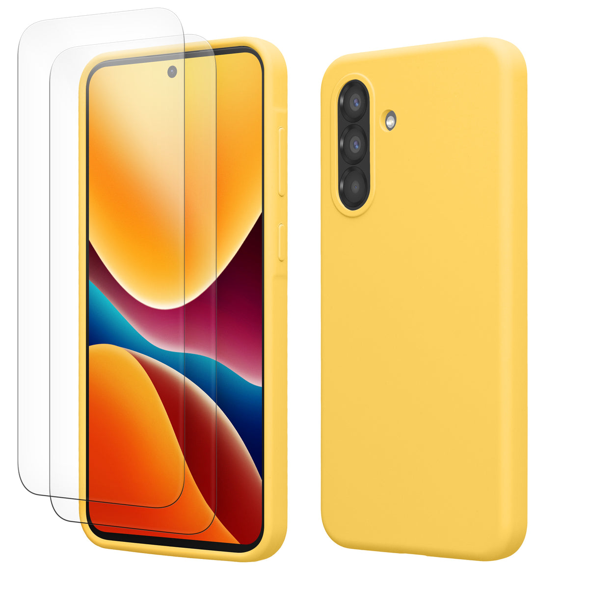 kwmobile Handyhülle mit 2x Displayschutzfolien kompatibel mit Samsung Galaxy A56 5G Hülle - Screen Protector aus gehärtetem Glas - kabelloses Laden - Strahlend Gelb Strahlend Gelb