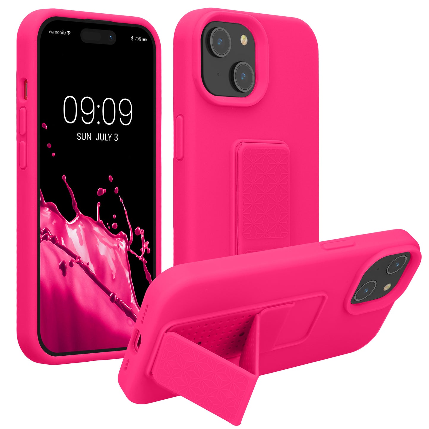 kwmobile Handyhülle für Apple iPhone 15 Hülle - TPU Silikon Case mit Fingerhalter und Stand - Schutzhülle Cover in Neon Pink Neon Pink  