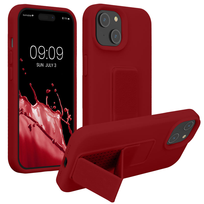 kwmobile Handyhülle für Apple iPhone 15 Hülle - TPU Silikon Case mit Fingerhalter und Stand - Schutzhülle Cover in Rhabarber Rot Rhabarber Rot  