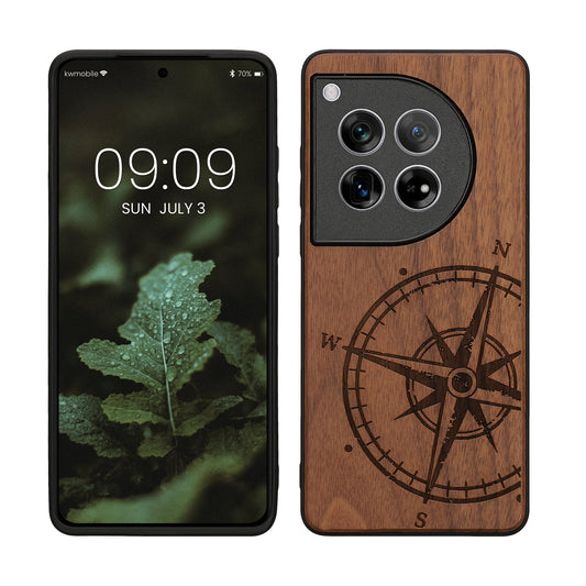 kwmobile Handyhülle für OnePlus 12 Hülle Holz - Case mit TPU Bumper - Stoßfestes Hardcase - Schutzhülle Cover in Dunkelbraun Dunkelbraun  [dsg01]