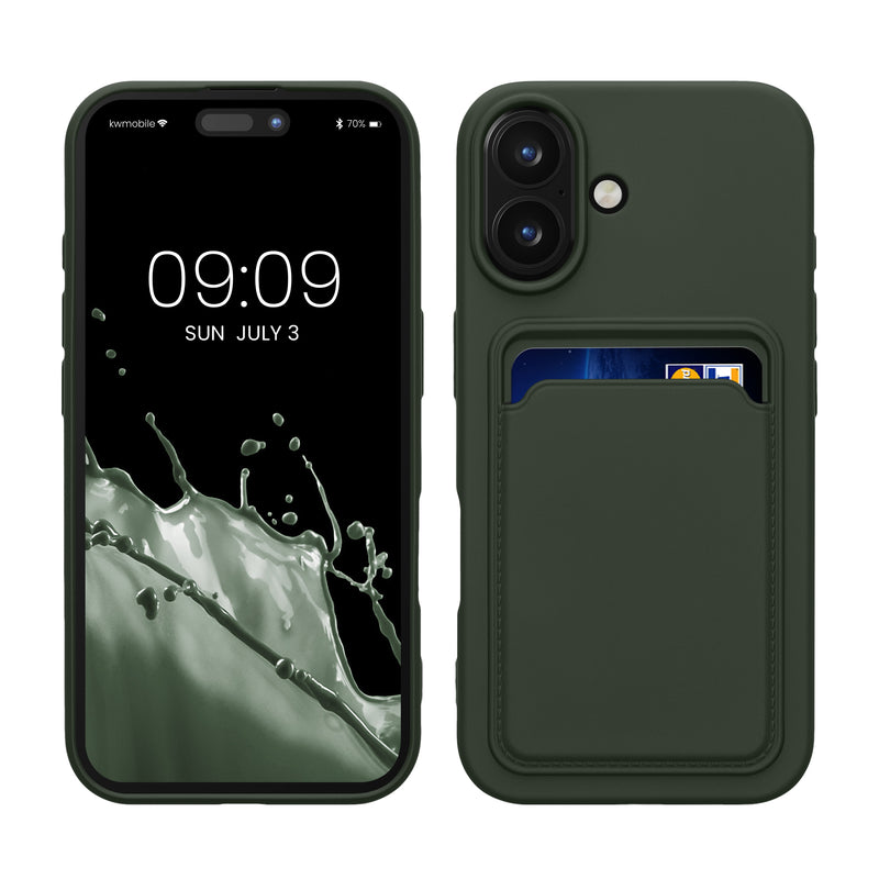 kwmobile Handyhülle für Apple iPhone 16 Hülle mit Kartenfach - TPU Case - Kabelloses Laden - Schutzhülle Cover in Dunkelgrün Dunkelgrün  