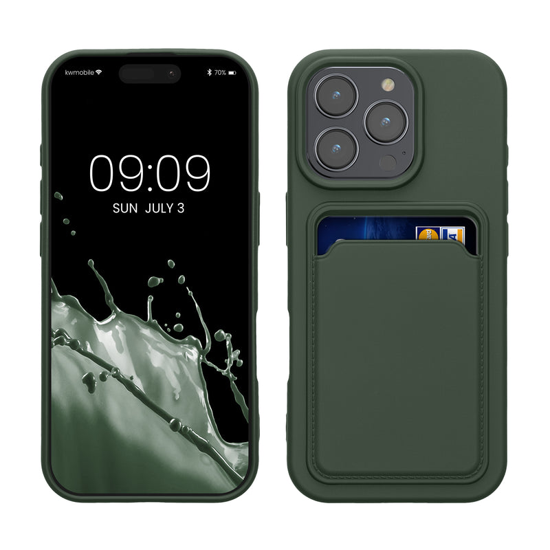 kwmobile Handyhülle für Apple iPhone 16 Pro Hülle mit Kartenfach - TPU Case - Kabelloses Laden - Schutzhülle Cover in Dunkelgrün Dunkelgrün  