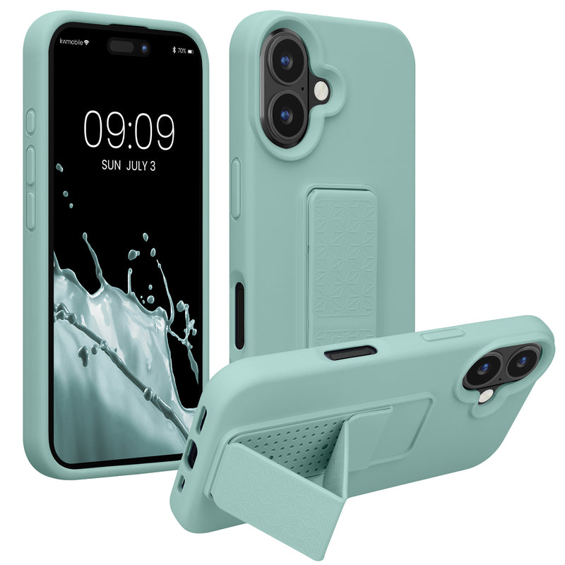 kwmobile Handyhülle für Apple iPhone 16 Hülle - TPU Silikon Case mit Fingerhalter und Stand - Schutzhülle Cover in Mintgrün Mintgrün  