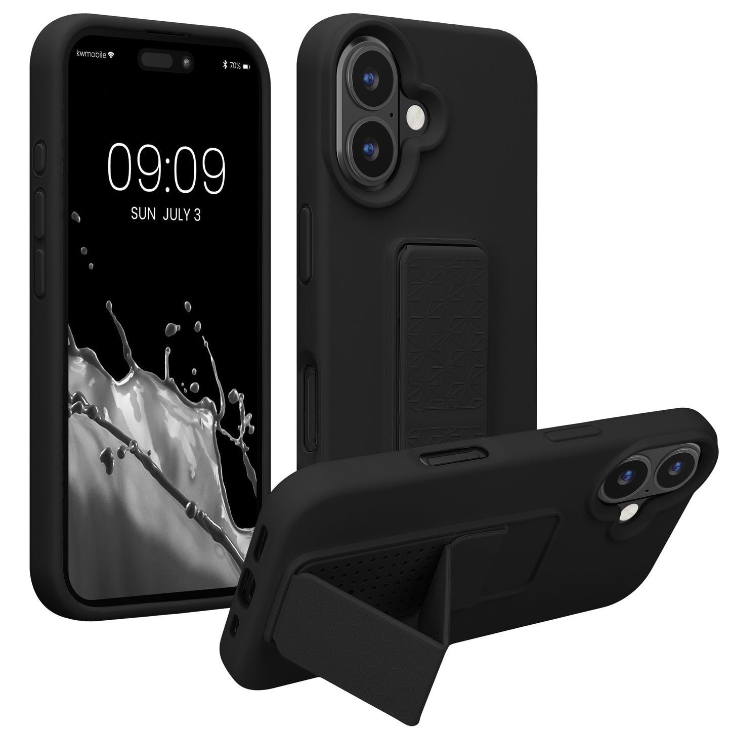 kwmobile Handyhülle für Apple iPhone 16 Hülle - TPU Silikon Case mit Fingerhalter und Stand - Schutzhülle Cover in Schwarz Schwarz  