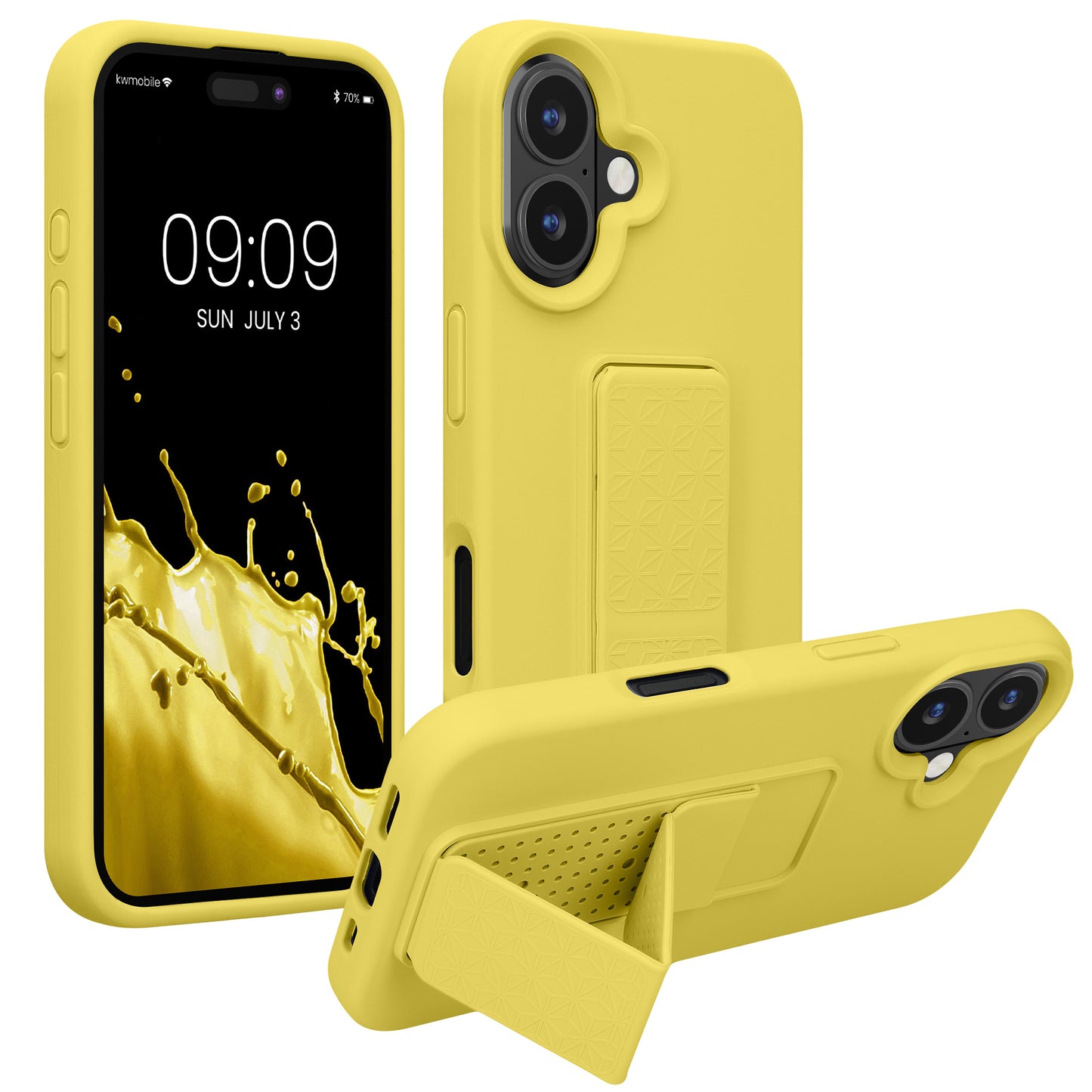 kwmobile Handyhülle für Apple iPhone 16 Hülle - TPU Silikon Case mit Fingerhalter und Stand - Schutzhülle Cover in Strahlend Gelb Strahlend Gelb  