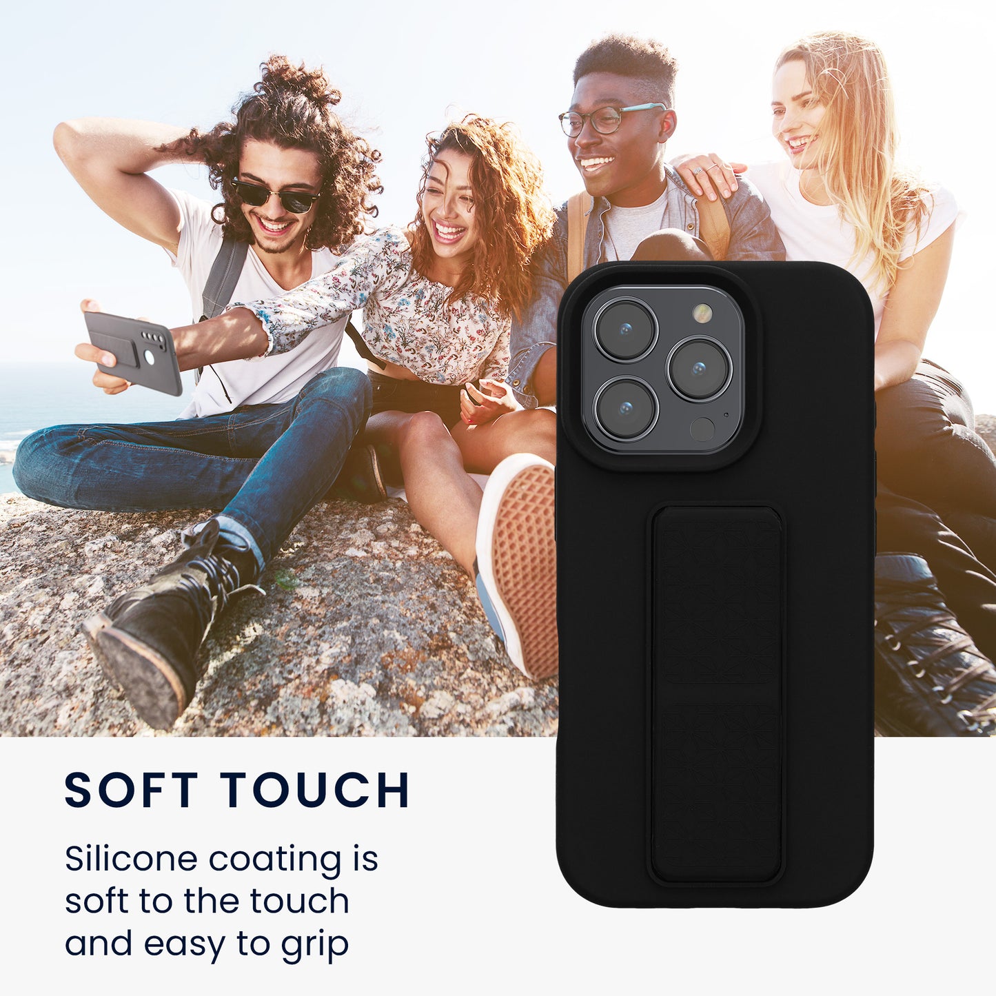 kwmobile Handyhülle für Apple iPhone 16 Pro Hülle - Silikon Case mit Fingerhalter und Stand - Schutzhülle Cover