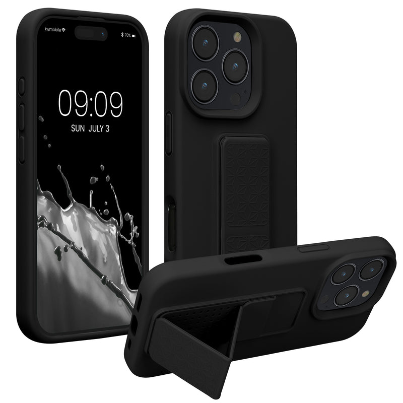 kwmobile Handyhülle für Apple iPhone 16 Pro Hülle - TPU Silikon Case mit Fingerhalter und Stand - Schutzhülle Cover in Schwarz Schwarz  
