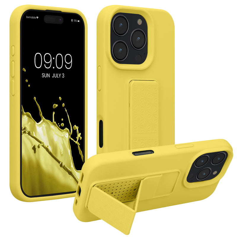 kwmobile Handyhülle für Apple iPhone 16 Pro Hülle - TPU Silikon Case mit Fingerhalter und Stand - Schutzhülle Cover in Strahlend Gelb Strahlend Gelb  