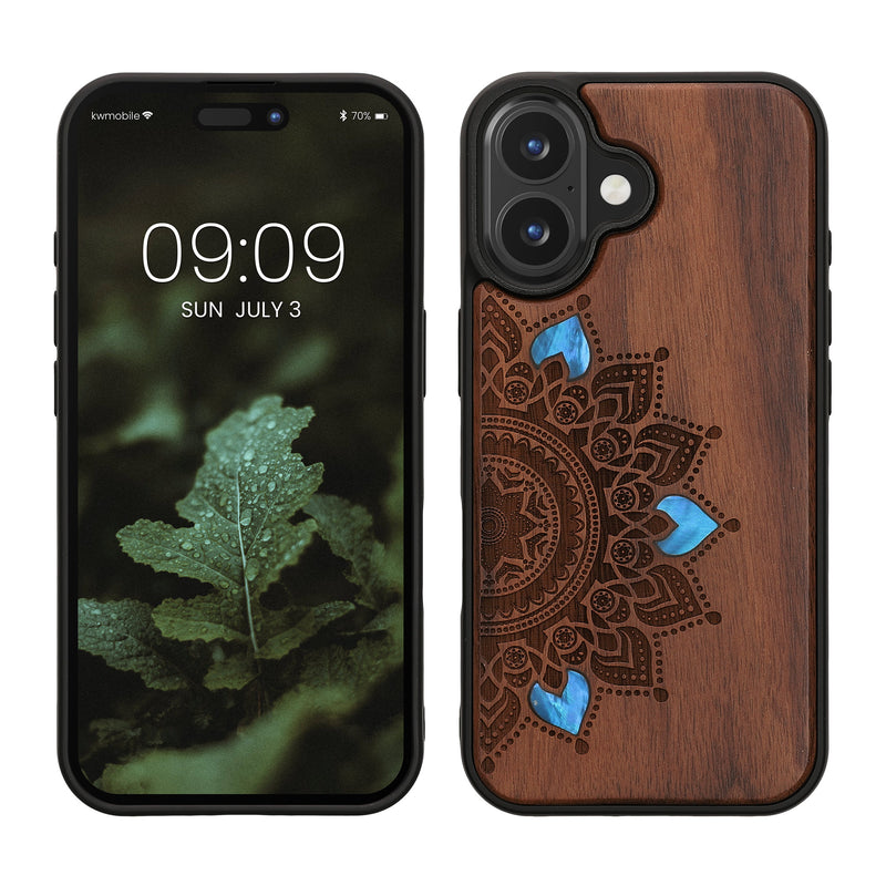 kwmobile Handyhülle für Apple iPhone 16 Hülle Holz - Case mit TPU Bumper - Stoßfestes Hardcase - Schutzhülle Cover in Dunkelbraun Dunkelbraun  [dsg02]