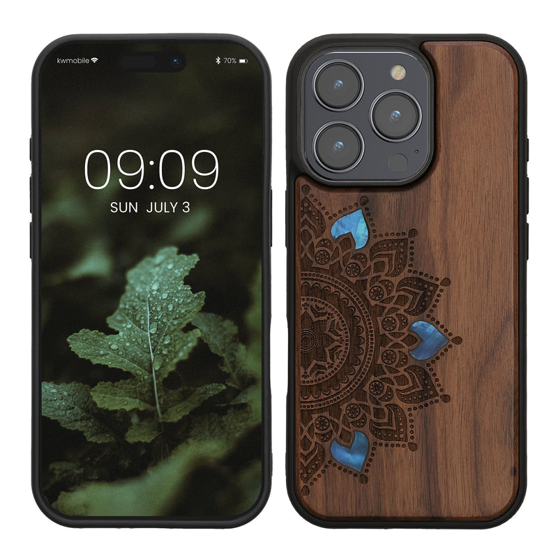 kwmobile Handyhülle für Apple iPhone 16 Pro Hülle Holz - Case mit TPU Bumper - Stoßfestes Hardcase - Schutzhülle Cover in Dunkelbraun Dunkelbraun  [dsg02]