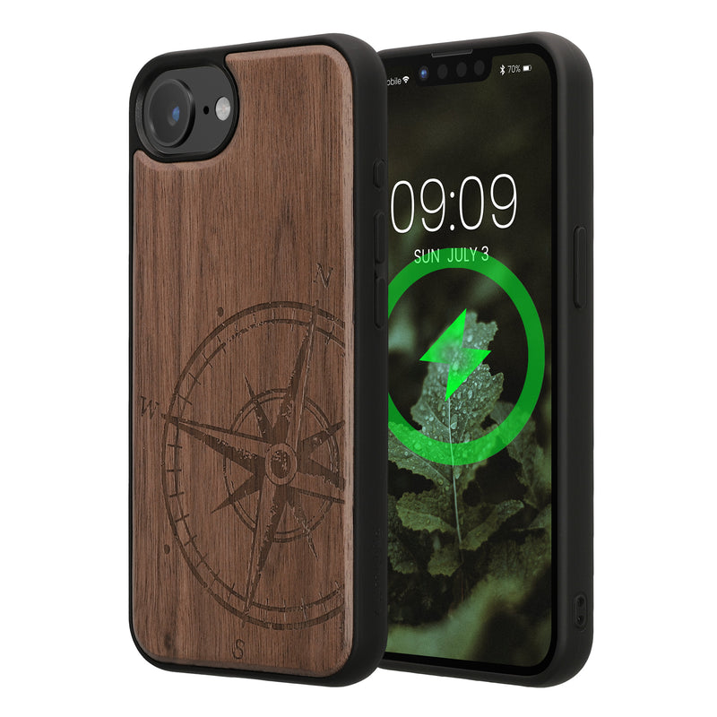 iPhone 16e Holz Handyhülle mit MagSafe Kompass Vintage Dunkelbraun