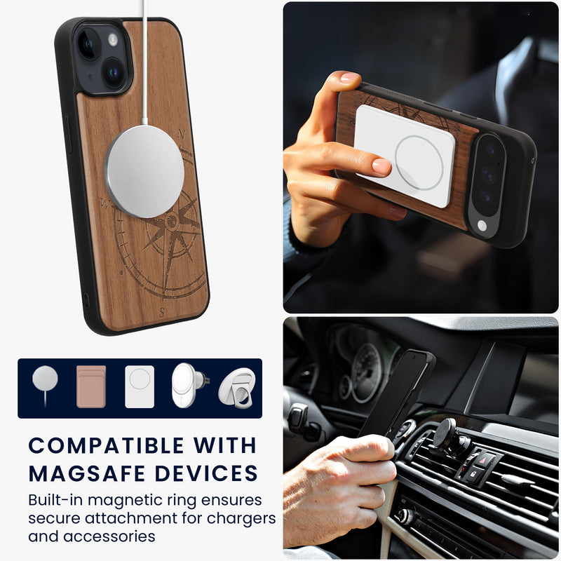 iPhone 14 Holz Handyhülle mit MagSafe Kompass Vintage KWM0000235N001C
