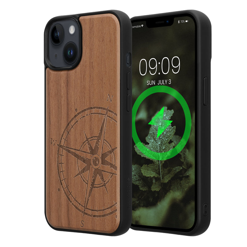 iPhone 14 Holz Handyhülle mit MagSafe Kompass Vintage Dunkelbraun