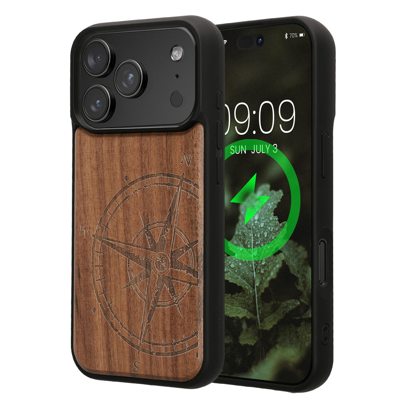 iPhone 18 Pro / iPhone 17 Pro Holz Handyhülle mit MagSafe Kompass Vintage Dunkelbraun