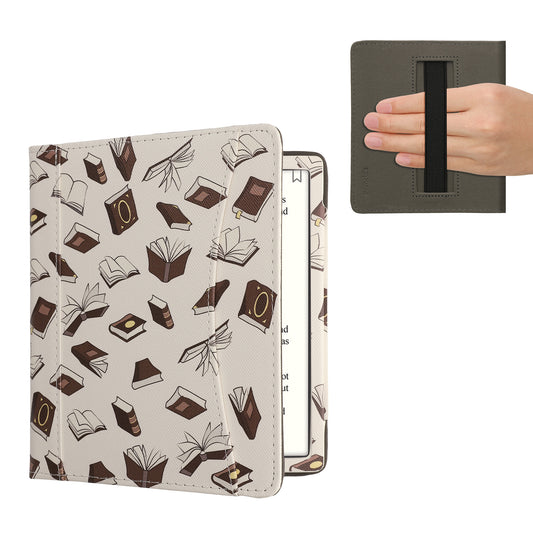 kwmobile Flip Hülle kompatibel mit Onyx Boox Leaf 2 - Vorderfach Handschlaufe - Bücher und Seiten Beige Braun Gold Beige  [dsg03]