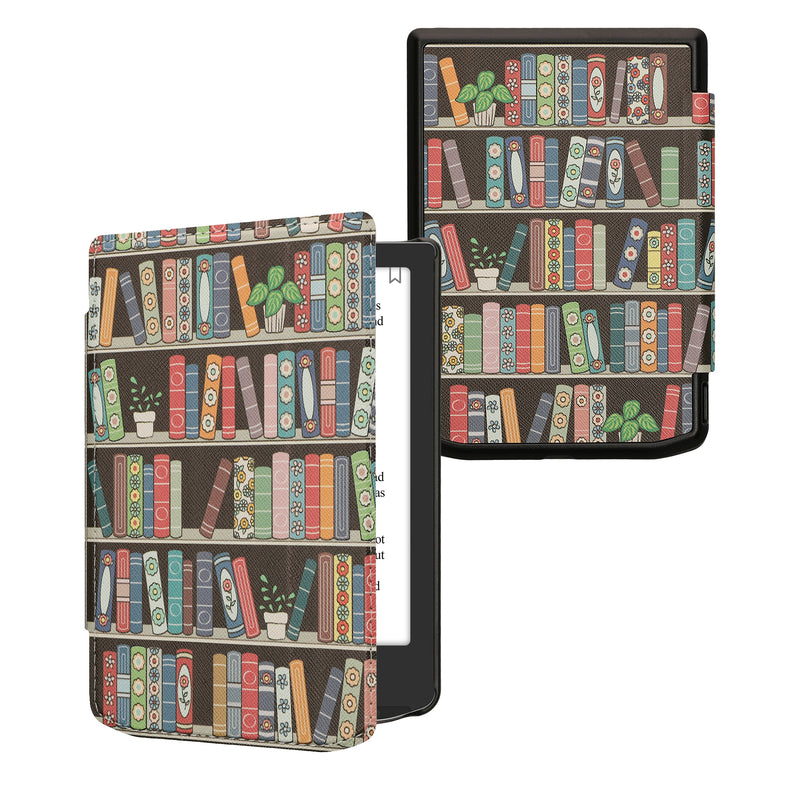 kwmobile Schutzhülle für Pocketbook Verse / Verse Lite / Verse Pro / Color / Vivlio Light/Light HD Hülle - eReader Flip Case mit Auto Sleep Funktion - Bücherregal mit Pflanzen mit Blau Grün Pink Blau  [dsg11]