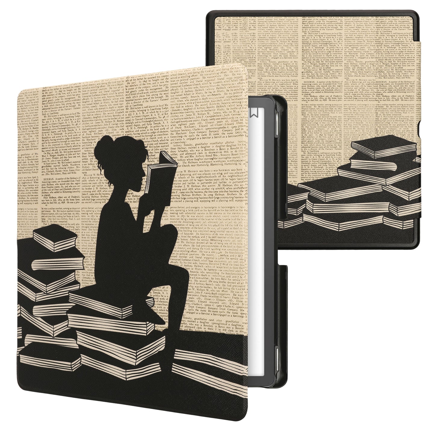 kwmobile Schutzhülle für Amazon Kindle Scribe (2022/2024) Hülle - eReader Flip Case mit Auto Sleep Funktion - Lesende Frau mit Schwarz Beige Schwarz  [dsg03]