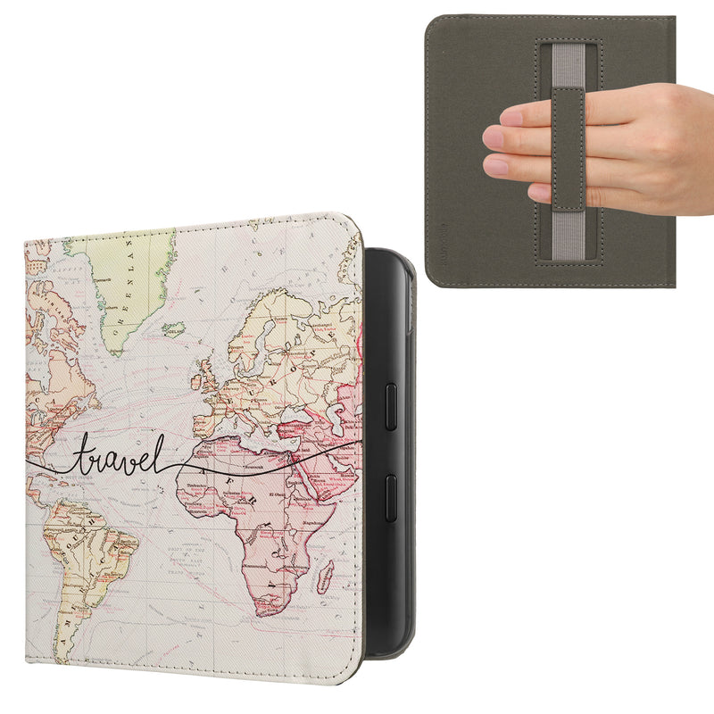 kwmobile Schutzhülle für Kobo Kobo Libra Colour / Tolino Vision Color Hülle - eReader Flip Case mit Handschlaufe und Auto Sleep Funktion - Travel Schriftzug mit Schwarz Mehrfarbig Schwarz  [dsg05]