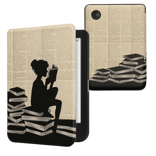 kwmobile Schutzhülle für Kobo Clara BW / Clara Colour / Tolino Shine (5) / Shine Color Hülle - eReader Flip Case mit Auto Sleep Funktion - Lesende Frau mit Schwarz Beige Schwarz  [dsg01]
