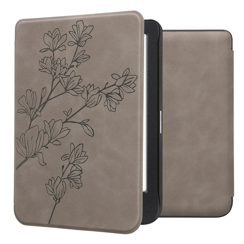 kwmobile Schutzhülle für Kobo Clara BW / Clara Colour / Tolino Shine (5) / Shine Color Hülle - eReader Case aus Kunstleder mit Auto Sleep Funktion - Magnolien mit Grau Grau  [dsg07]