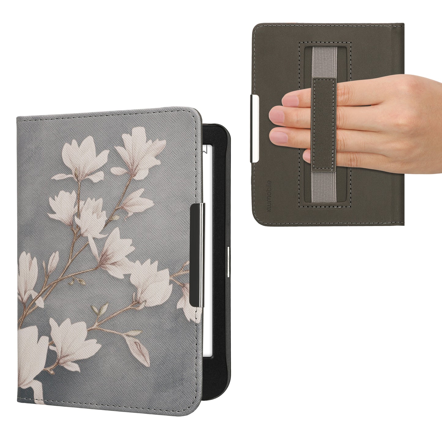 kwmobile Schutzhülle für Kobo Clara BW / Clara Colour / Tolino Shine (5) / Shine Color Hülle - eReader Flip Case mit Handschlaufe und Auto Sleep Funktion - Magnolien mit Taupe Weiß Blaugrau Taupe  [dsg07]
