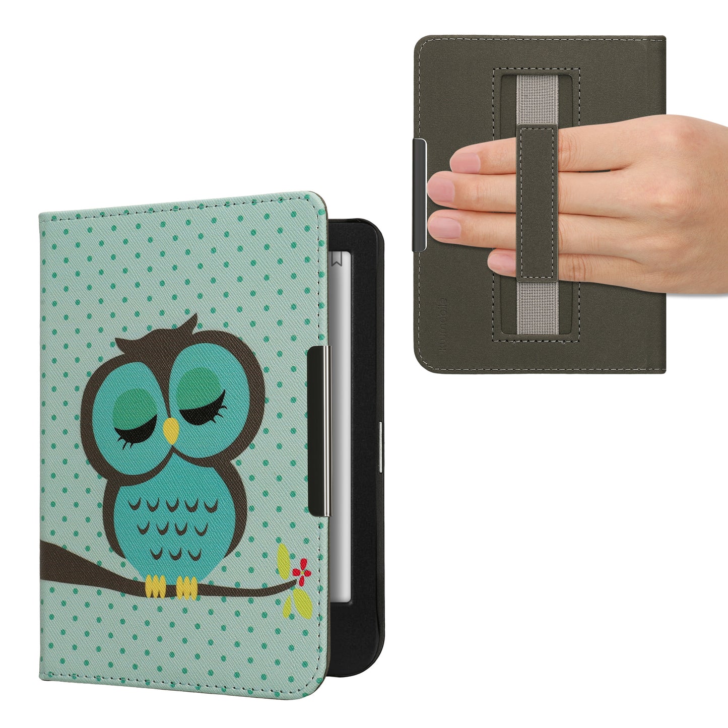 kwmobile Schutzhülle für Kobo Clara BW / Clara Colour / Tolino Shine (5) / Shine Color Hülle - eReader Flip Case mit Handschlaufe und Auto Sleep Funktion - Eule Schlaf mit Türkis Braun Mintgrün Türkis  [dsg11]