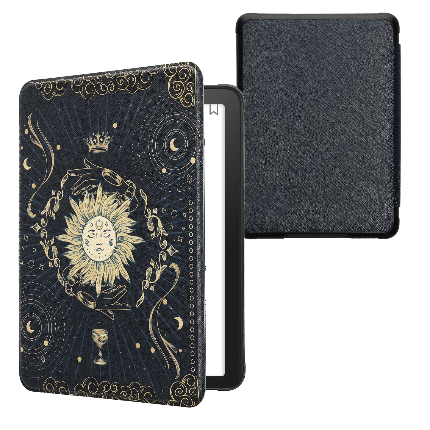 kwmobile Schutzhülle für Amazon Kindle Paperwhite (2024)/Colorsoft Hülle - eReader Flip Case mit Auto Sleep Funktion - Tarot Karten mit Dunkelblau Gelb Schwarz Dunkelblau  [dsg06]