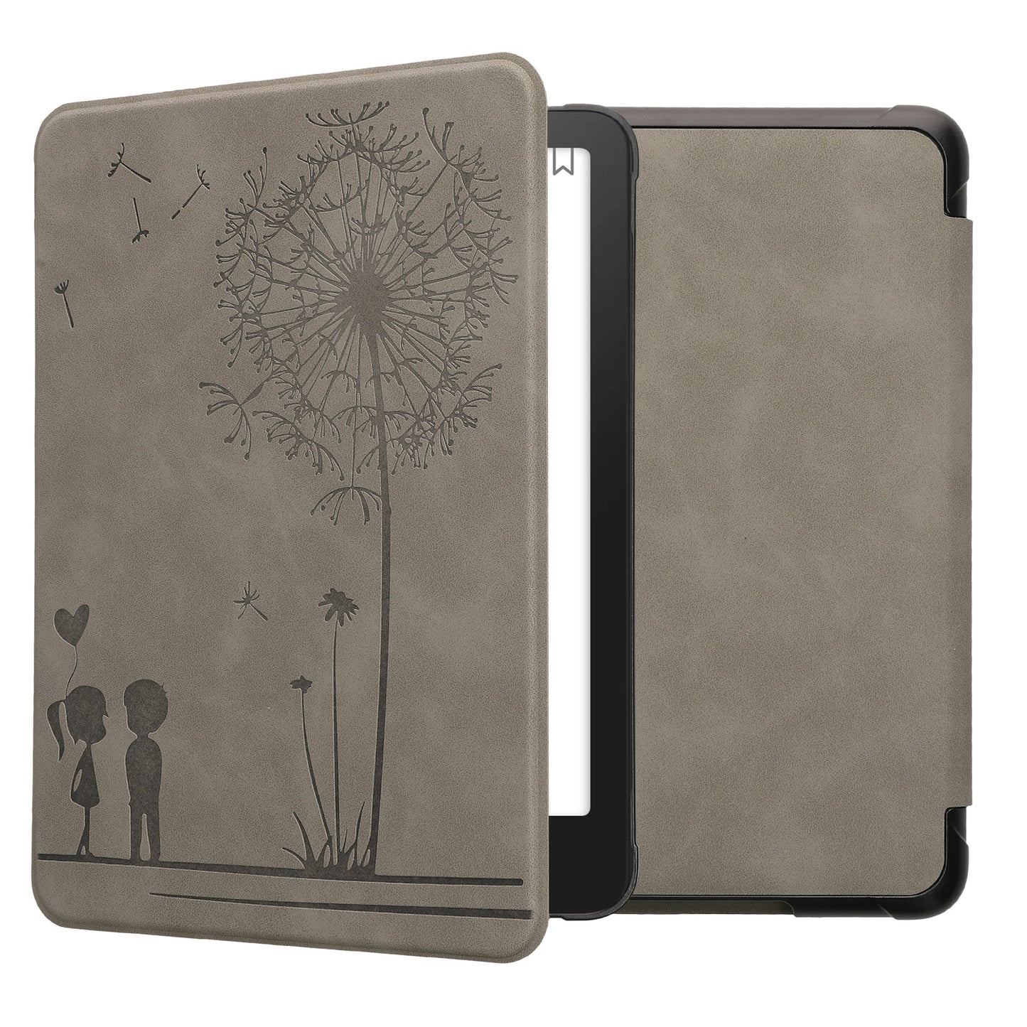 kwmobile Schutzhülle für Amazon Kindle Paperwhite (2024)/Colorsoft Hülle - eReader Case aus Kunstleder mit Auto Sleep Funktion - Pusteblume Love mit Grau Grau  [dsg01]