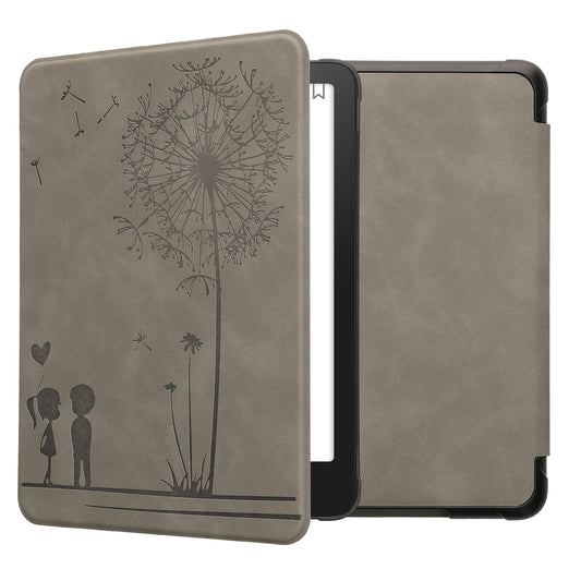 kwmobile Schutzhülle für Amazon Kindle Paperwhite (2024)/Colorsoft Hülle - eReader Case aus Kunstleder mit Auto Sleep Funktion - Pusteblume Love mit Grau Grau  [dsg01]