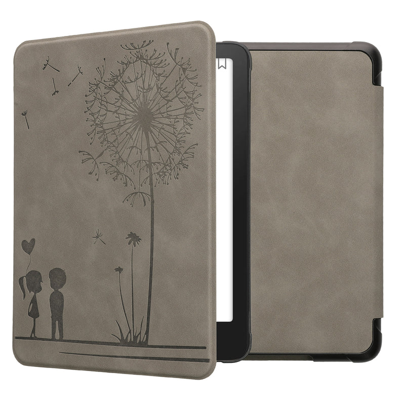 kwmobile Schutzhülle für Amazon Kindle Paperwhite (2024)/Colorsoft Hülle - eReader Case aus Kunstleder mit Auto Sleep Funktion - Pusteblume Love mit Grau Grau  [dsg01]