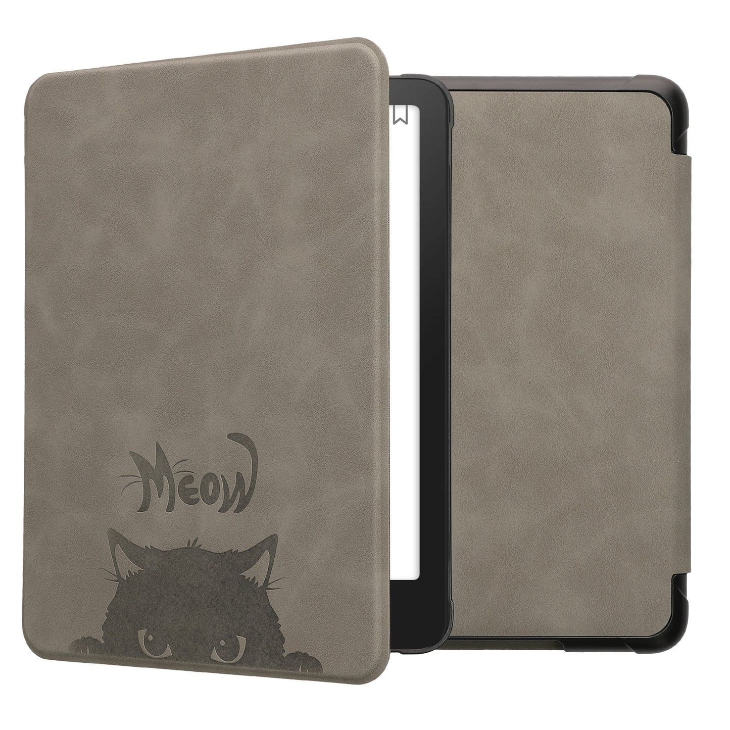 kwmobile Schutzhülle für Amazon Kindle Paperwhite (2024)/Colorsoft Hülle - eReader Case aus Kunstleder mit Auto Sleep Funktion - Katze Meow mit Grau Schwarz Grau  [dsg06]