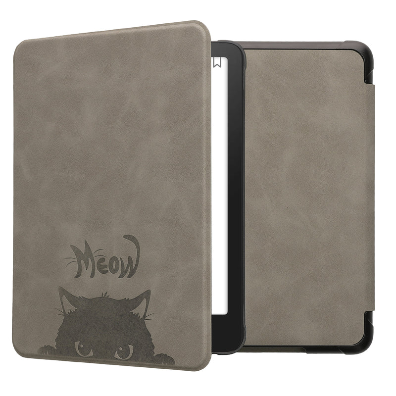 kwmobile Schutzhülle für Amazon Kindle Paperwhite (2024)/Colorsoft Hülle - eReader Case aus Kunstleder mit Auto Sleep Funktion - Katze Meow mit Grau Schwarz Grau  [dsg06]