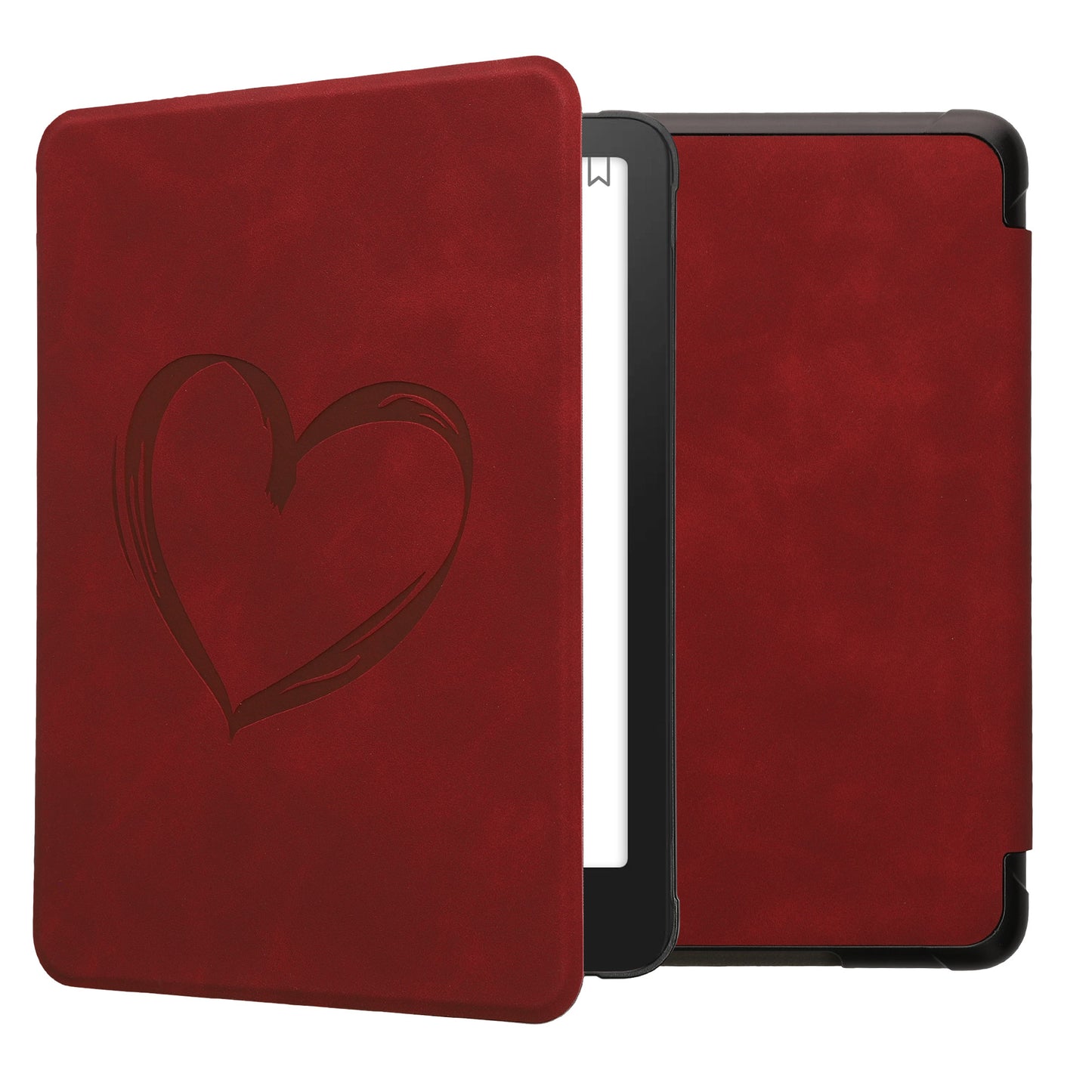 kwmobile Schutzhülle für Amazon Kindle Paperwhite (2024)/Colorsoft Hülle - eReader Case aus Kunstleder mit Auto Sleep Funktion - Herz Brush mit Dunkelrot Dunkelrot  [dsg09]