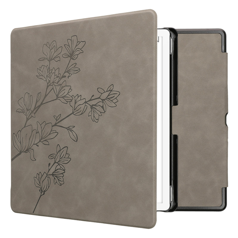 kwmobile Schutzhülle für Amazon Kindle Scribe (2024) Hülle - eReader Case aus Kunstleder mit Auto Sleep Funktion - Magnolien mit Grau Grau  [dsg05]