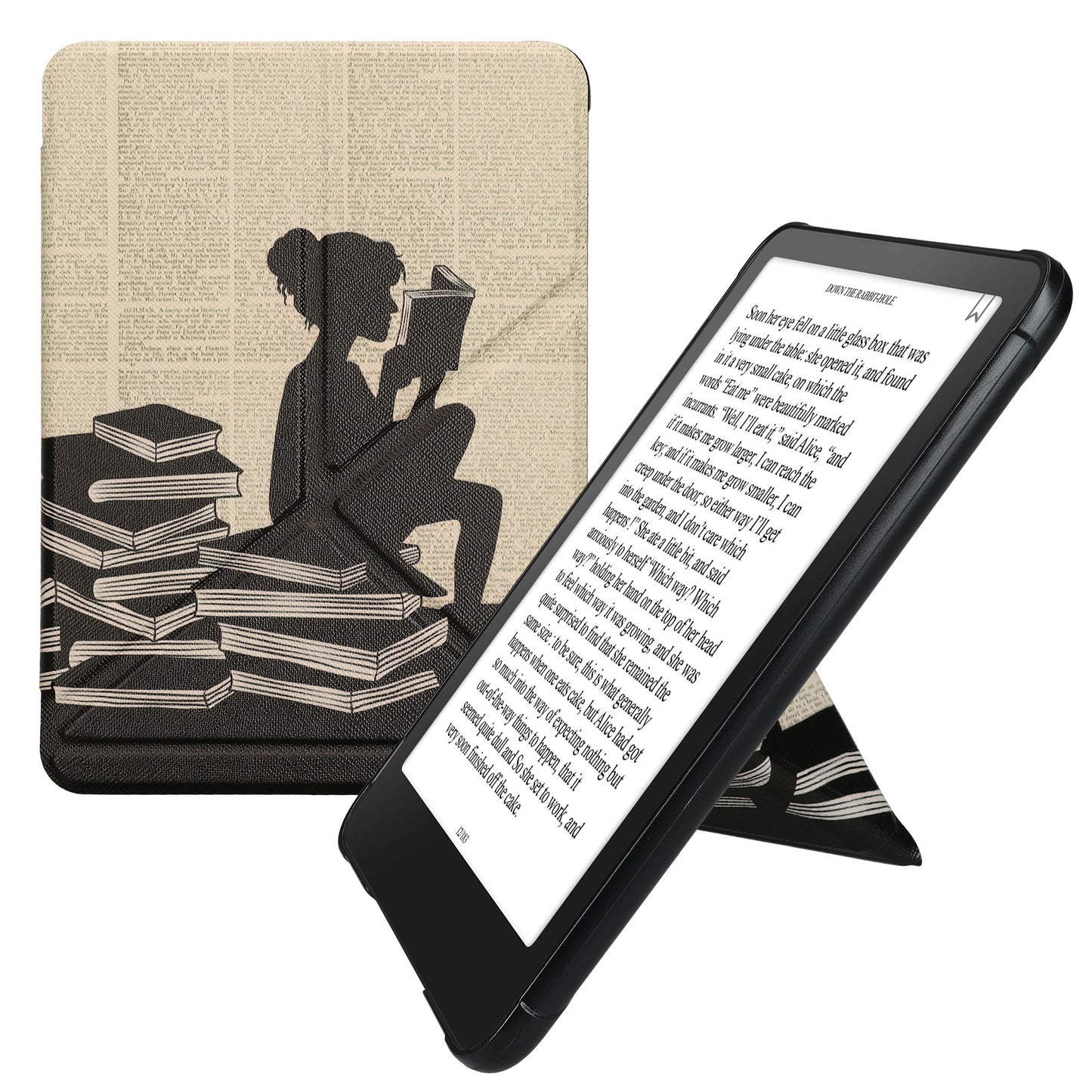 kwmobile Kunstleder eReader Schutzhülle für Amazon Kindle Paperwhite (2024)/Colorsoft Hülle - Falt Cover für E-Reader in Schwarz Beige - Lesende Frau Schwarz  [dsg02]
